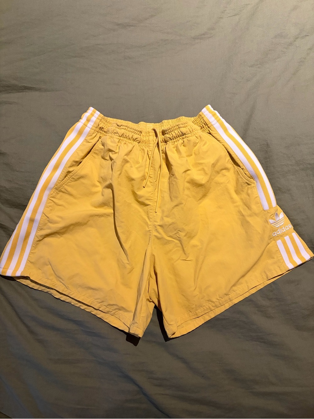 Adidas Vintage Yellow Athletic Shorts with 3 White Stripes